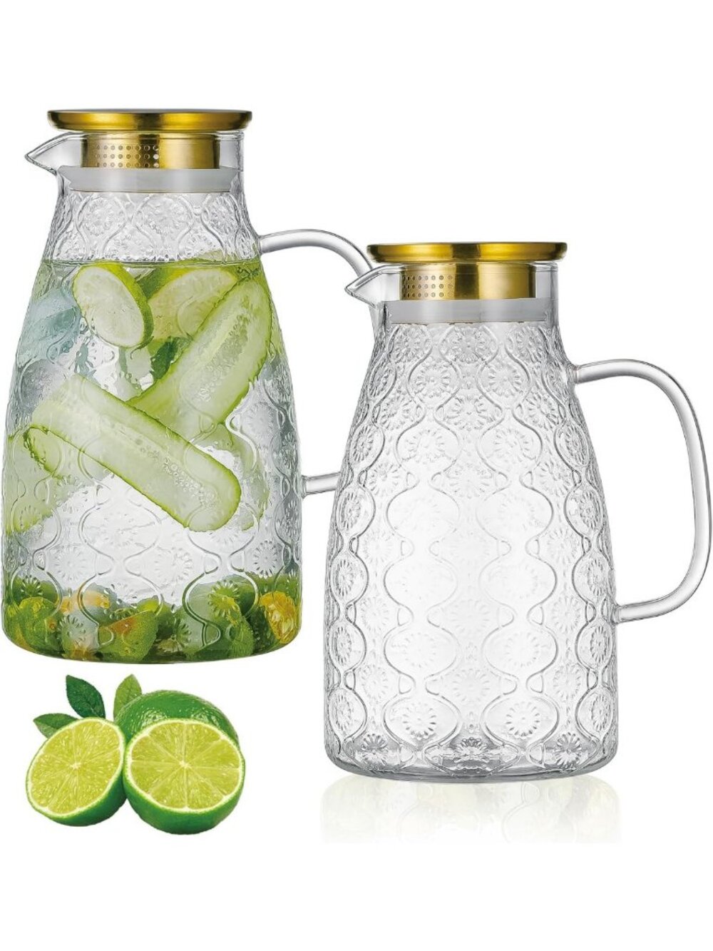 Vintage Glass Pitcher Set with Lid - 2 Pack, 84 oz/2.5L Water Carafe